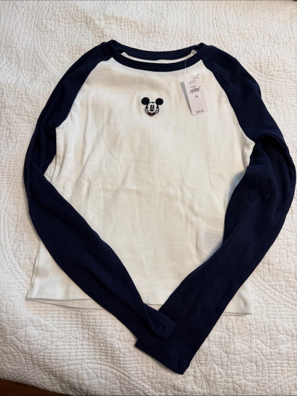 Gap Disney White Raglan Tee with Navy Trim and Embroidered Mickey
